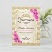Quinceanera - Goldpastel Pink Einladung (Stehend Vorderseite)