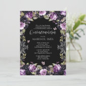 Quinceañera Gótica Morada y Negra con Flores Moody Einladung (Stehend Vorderseite)