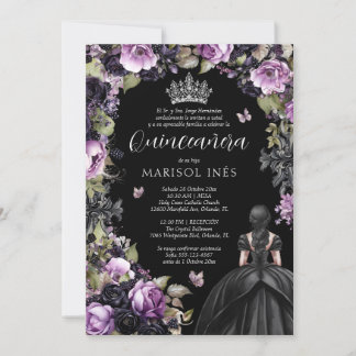 Quinceañera Gótica Morada y Negra con Flores Moody Einladung