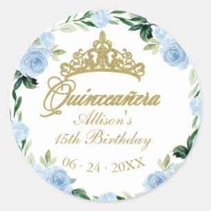 Quinceanera Gott Tiara Baby Blau Floral Runder Aufkleber