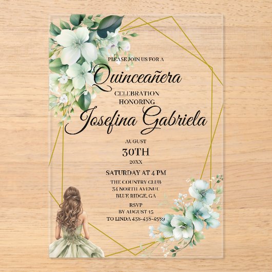 Quinceanera green floral acryleinladungen (Vorderseite)