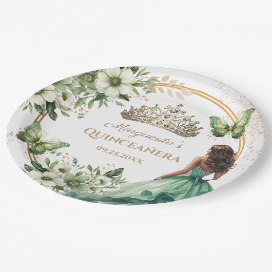 Quinceañera Green Floral Butterfly Gold Tiara Pappteller (Schrägansicht)