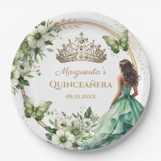 Quinceañera Green Floral Butterfly Gold Tiara Pappteller (Vorderseite)