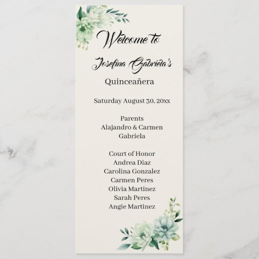 Quinceanera green floral double side program card  programm (Vorderseite)