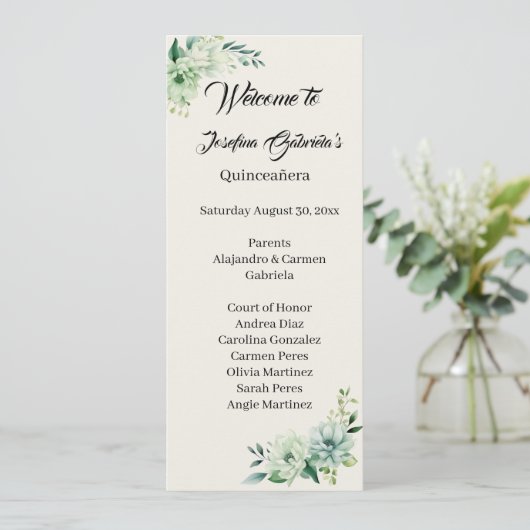 Quinceanera green floral double side program card  programm (Stehend Vorderseite)