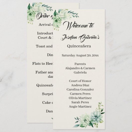 Quinceanera green floral double side program card  programm (Vorne/Hinten)
