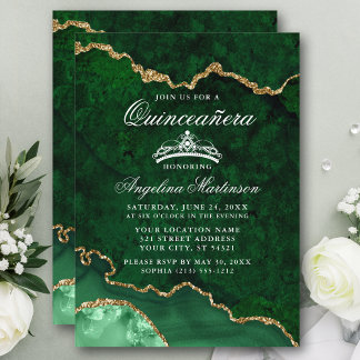 Quinceanera Green Gold Marble Agate Geode Einladung