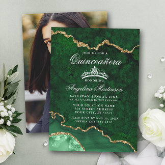 Quinceanera Green Gold Marble Agate Geode Foto Einladung