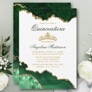 Quinceanera Green Marble Gold Crown Einladung