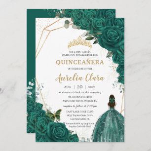 Quinceañera Green Rose Blumengold Princess Crown Einladung