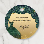 Quinceanera grünes Gold Kleid Danke Geschenkanhänger (Rückseite)