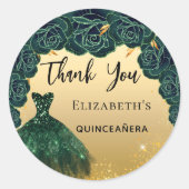 Quinceanera grünes Gold Kleid Danke Runder Aufkleber (Vorderseite)