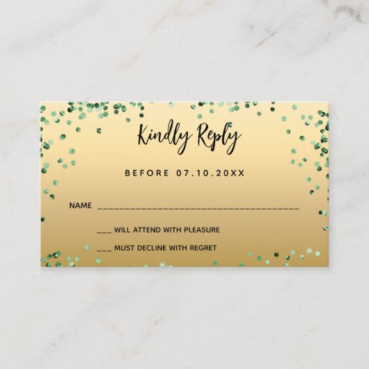 Quinceanera grünes Kleid Gold RSVP Karte (Vorderseite)
