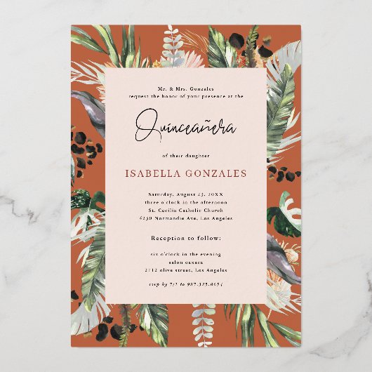 Quinceañera | Grünpflanzen & Terra Cotta Jungle Folieneinladung (Rückseite)