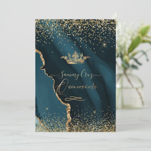 Quinceanera H2 Aquamarin Agate Imitats Goldstaub Einladung (Stehend Vorderseite)