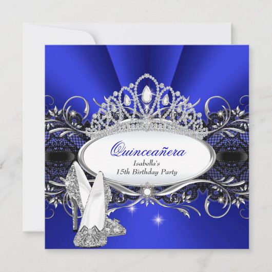 QUINCEANERA High Heels Royal Blue Diamond Tiara Einladung (Vorderseite)
