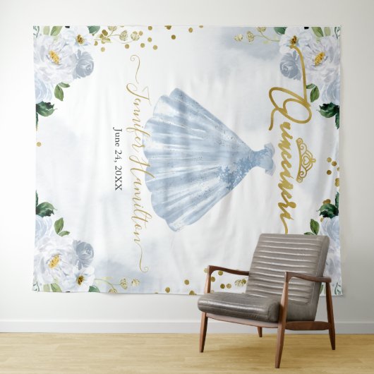 Quinceanera Hintergrund Blue Floral Pink Kleid Wandteppich (Beispiel (Horizontal))