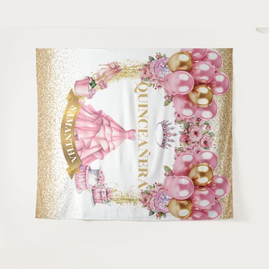 Quinceañera Hintergrund Rosa Gold Glitzer Prinzess Wandteppich (Vorderseite (Horizontal))
