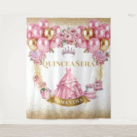 Quinceañera Hintergrund Rosa Gold Glitzer Prinzess Wandteppich (Vorderseite)