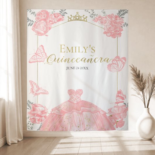 Quinceanera Hintergrund Rosa Kleid Floral Gold Foi Wandteppich