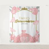Quinceanera Hintergrund Rosa Kleid Floral Gold Foi Wandteppich (Vorderseite)