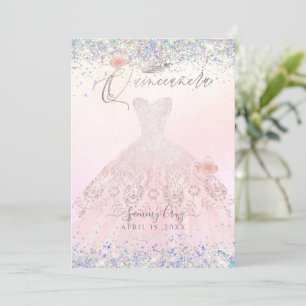 Quinceanera Holographic Confetti Blush Pink Dress Einladung