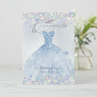 Quinceanera Holographic Confetti Dusty Blue Dress Einladung