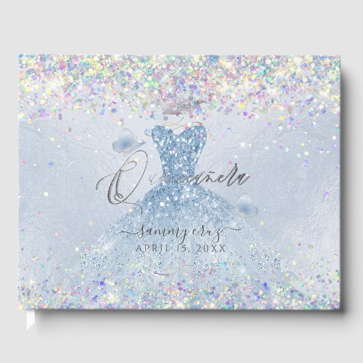 Quinceanera Holographic Confetti Dusty Blue Dress Gästebuch (Vorderseite)