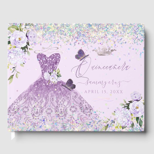 Quinceanera Holographic Confetti Dusty Lila Gästebuch (Vorderseite)