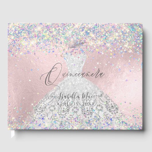 Quinceanera Holographic Confetti White Silver Gästebuch (Vorderseite)