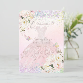 Quinceanera Holographic Mariposa Blush Pink Dress Einladung