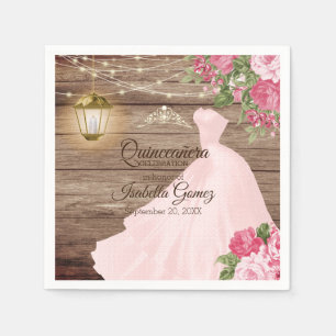 Quinceañera Holz und rosa malvenfarbene Blumen Serviette