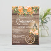 Quinceañera Holzbarrel und Orange Blume Einladung (Stehend Vorderseite)