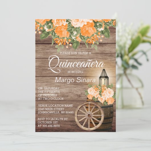 Quinceañera Holzbarrel und Orange Blume Einladung (Stehend Vorderseite)