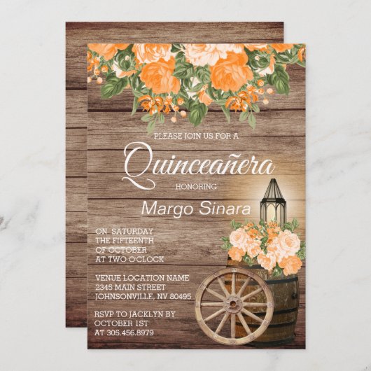 Quinceañera Holzbarrel und Orange Blume Einladung (Vorne/Hinten)