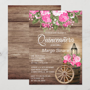 Quinceañera Holzfass und rosa Blume Einladung