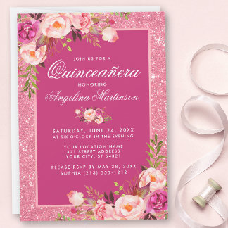Quinceanera Hot Pink Glitzer Einladung