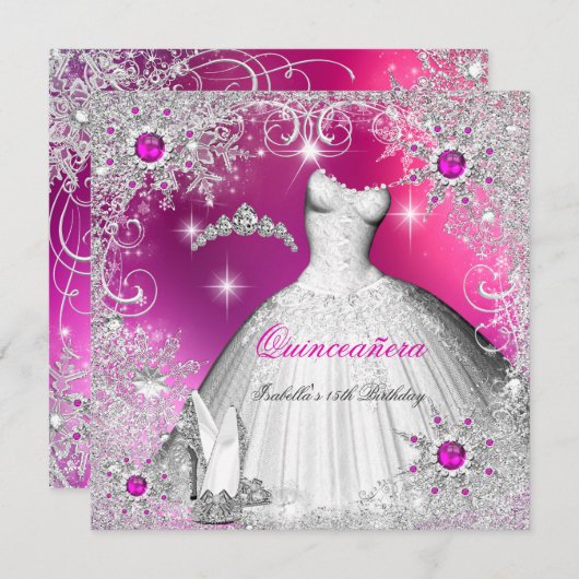 Quinceanera Hot Pink Pearl Silver Winter Snowflake Einladung (Vorne/Hinten)