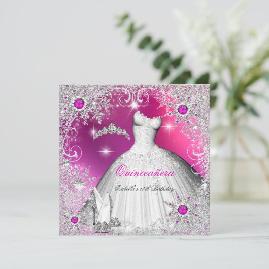 Quinceanera Hot Pink Pearl Silver Winter Snowflake Einladung (Stehend Vorderseite)