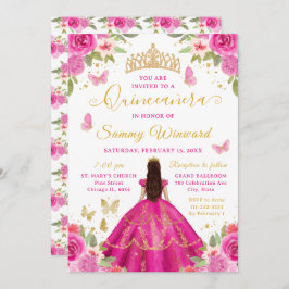 Quinceañera Hot Pink Princess Brunette Girl Einladung