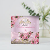 Quinceanera Hübsch Pink Roses Tiara 15. Geburtstag Einladung (Stehend Vorderseite)
