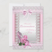 Quinceanera Hübsch Rosa Rose High Heel Einladung (Vorderseite)