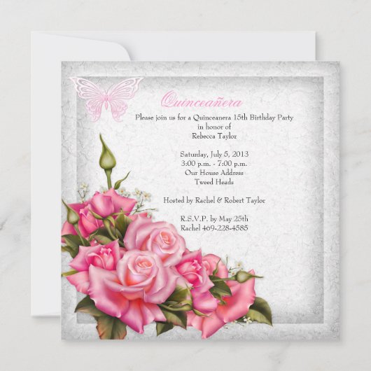 Quinceanera Hübsch Rosa Rosen Weiß 15. Party 2 Einladung (Rückseite)