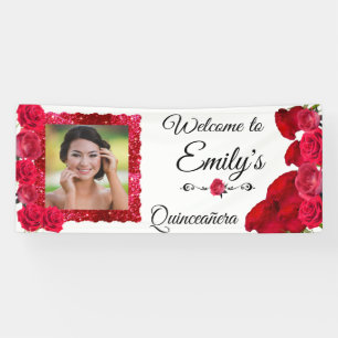 Quinceanera Hübsche Rote Rosen und Roter Glitzer-R Banner