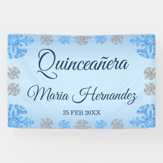 Quinceañera Ice Blue Silver Winter Schneeflocke Banner (Horizontal)
