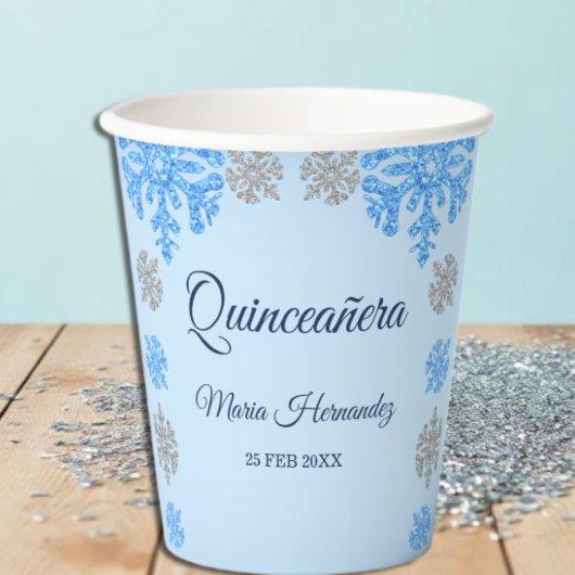 Quinceañera Ice Blue Silver Winter Schneeflocke Pappbecher