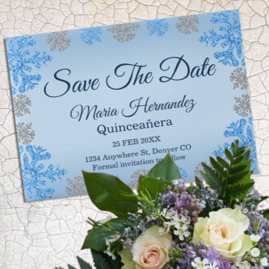 Quinceañera Ice Blue Silver Winter Schneeflocke Pergament Einladungen