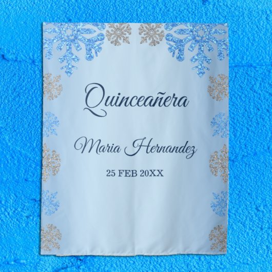 Quinceañera Ice Blue Silver Winter Schneeflocke Wandteppich