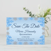 Quinceañera Ice Blue Silver Winter Snowflake Save The Date (Stehend Vorderseite)