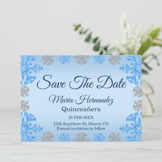 Quinceañera Ice Blue Silver Winter Snowflake Save The Date (Stehend Vorderseite)